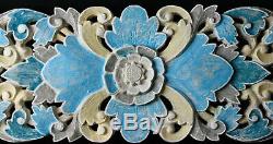 Bali Lotus Wall Panel hand carved Wood Balinese Architectural Art Blue