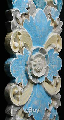 Bali Lotus Wall Panel hand carved Wood Balinese Architectural Art Blue