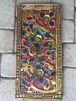 Bali Lotus architectural Relief Panels Hand carved wood wall Art Gold Red