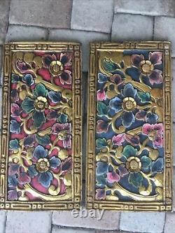 Bali Lotus architectural Relief Panels Hand carved wood wall Art Gold Red
