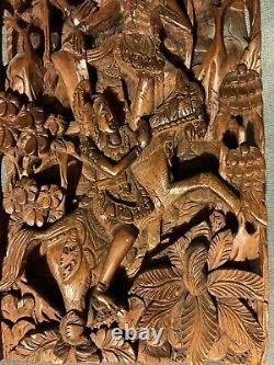 Balinese Bali Wooden Carving High Relief Art Panel Hand Carved Wood And Signed