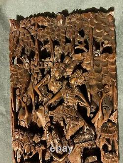 Balinese Bali Wooden Carving High Relief Art Panel Hand Carved Wood And Signed