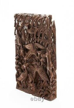 Balinese Carved 3D Wood Panel The Stork & Crab from the Tantri Kamandaka