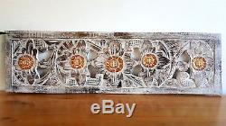 Balinese Carved Solid Wood Wall Panel Sun Flower White Wash Large 100 CM