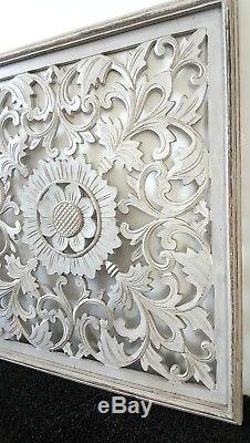 Balinese Carved Wood Wall Panels Wall Hanging Art White Wash Large 62 Cm x 62 CM
