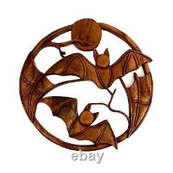 Balinese Gothic Flying Bat Moon Panel Wall Art Sculpture Round Hand Carved Wood