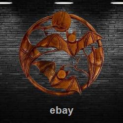 Balinese Gothic Flying Bat Moon Panel Wall Art Sculpture Round Hand Carved Wood