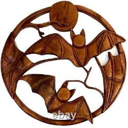 Balinese Gothic Flying Bat Moon Panel Wall Art Sculpture Round Hand Carved Wood