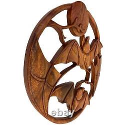 Balinese Gothic Flying Bat Moon Panel Wall Art Sculpture Round Hand Carved Wood