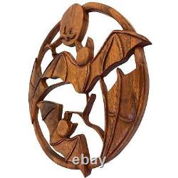 Balinese Gothic Flying Bat Moon Panel Wall Art Sculpture Round Hand Carved Wood