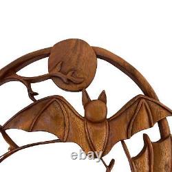 Balinese Gothic Flying Bat Moon Panel Wall Art Sculpture Round Hand Carved Wood