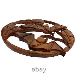 Balinese Gothic Flying Bat Moon Panel Wall Art Sculpture Round Hand Carved Wood