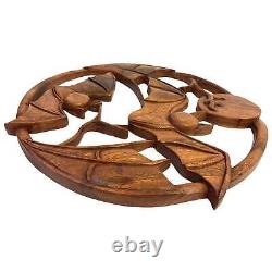 Balinese Gothic Flying Bat Moon Panel Wall Art Sculpture Round Hand Carved Wood