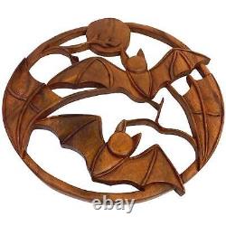 Balinese Gothic Flying Bat Moon Panel Wall Art Sculpture Round Hand Carved Wood