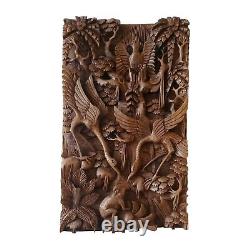 Balinese Hand Carved 3D Wood Panel Wall Hanging Art Decor Birds Frog Sculpture