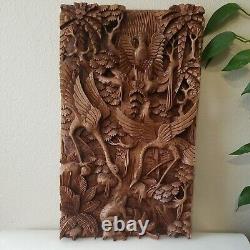 Balinese Hand Carved 3D Wood Panel Wall Hanging Art Decor Birds Frog Sculpture