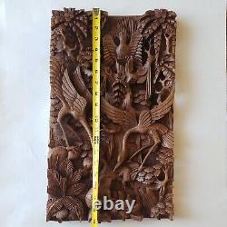 Balinese Hand Carved 3D Wood Panel Wall Hanging Art Decor Birds Frog Sculpture