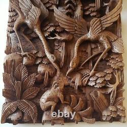 Balinese Hand Carved 3D Wood Panel Wall Hanging Art Decor Birds Frog Sculpture