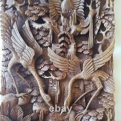 Balinese Hand Carved 3D Wood Panel Wall Hanging Art Decor Birds Frog Sculpture