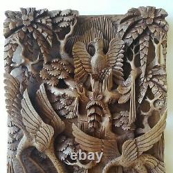 Balinese Hand Carved 3D Wood Panel Wall Hanging Art Decor Birds Frog Sculpture