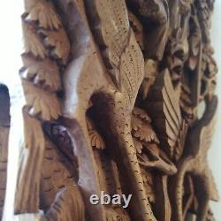 Balinese Hand Carved 3D Wood Panel Wall Hanging Art Decor Birds Frog Sculpture