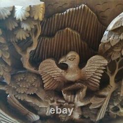 Balinese Hand Carved 3D Wood Panel Wall Hanging Art Decor Birds Frog Sculpture