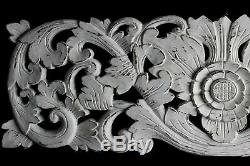 Balinese Lotus Architectural Panel Wall Art Carved Wood Relief Whitewash