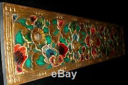 Balinese Lotus Panel Hand Carved Painted Wood Architectural Wall Art Sculpture