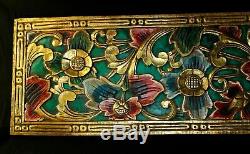 Balinese Lotus Panel Hand Carved Painted Wood Architectural Wall Art Sculpture