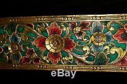 Balinese Lotus Panel Hand Carved Painted Wood Architectural Wall Art Sculpture