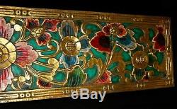 Balinese Lotus Panel Hand Carved Painted Wood Architectural Wall Art Sculpture