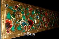 Balinese Lotus Panel Hand Carved Painted Wood Architectural Wall Art Sculpture