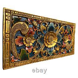 Balinese Lotus Panel architectural Carved Wood Relief Bali wall Art Teal 24