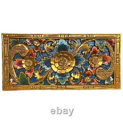 Balinese Lotus Panel architectural Carved Wood Relief Bali wall Art Teal 24