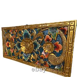 Balinese Lotus Panel architectural Carved Wood Relief Bali wall Art Teal 24