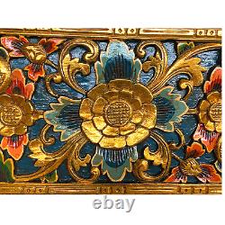 Balinese Lotus Panel architectural Carved Wood Relief Bali wall Art Teal 24