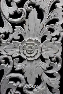 Balinese Lotus Panel carved wood White washed Bali architectural Art Wall 24