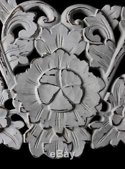 Balinese Lotus Architectural Panel Wall Art Carved Wood Relief Whitewash