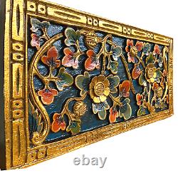 Balinese Lotus Vine Panel architectural Relief Carved Wood Bali wall Art teal 24