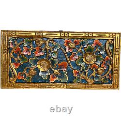 Balinese Lotus Vine Panel architectural Relief Carved Wood Bali wall Art teal 24