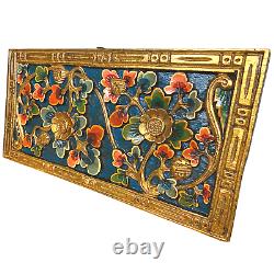 Balinese Lotus Vine Panel architectural Relief Carved Wood Bali wall Art teal 24