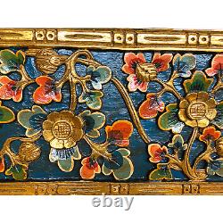 Balinese Lotus Vine Panel architectural Relief Carved Wood Bali wall Art teal 24