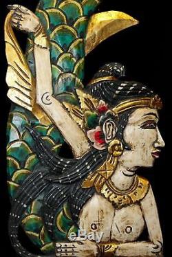 Balinese Mermaid Relief Panel Hand Carved Wood Goddess Bali folk Wall Art green