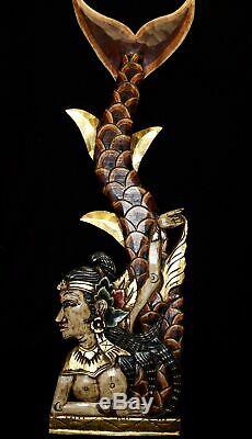 Balinese Mermaid Wall Sculpture Panel Carved Wood Bali Folk Art Red left Mul