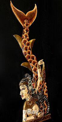 Balinese Mermaid Wall Sculpture Panel Carved Wood Bali Folk Art Red left Mul