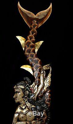 Balinese Mermaid Wall Sculpture Panel Carved Wood Bali Folk Art Red left Mul