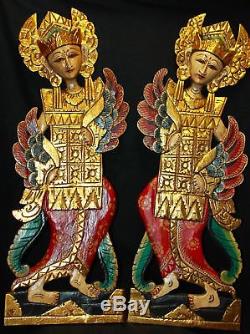 Balinese Peacock Dancers Relief Panel hand carved wood Bali wall art set of 2