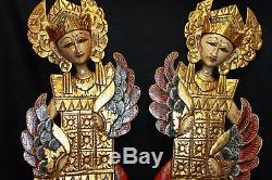 Balinese Peacock Dancers Relief Panel hand carved wood Bali wall art set of 2