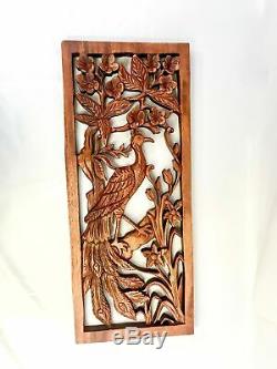 Balinese Peacock Panel Architectural Wall Art Plaque Hand Carved Wood Bali Decor