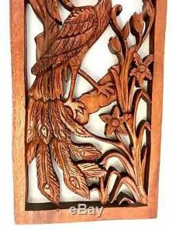 Balinese Peacock Panel Architectural Wall Art Plaque Hand Carved Wood Bali Decor